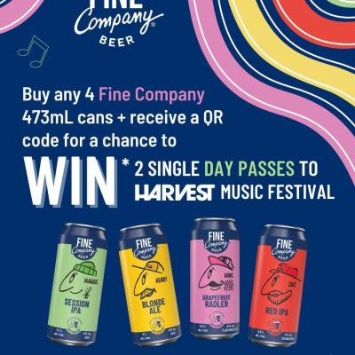 Hey New Brunswick! 👋 QUICK!! For a limited time, grab any 4 Fine Company bevvies from your local participating ANBL and get a QR code to be entered to win 2 day passes to the @harvest_music_fest 😍 

Now only to decide...who to bring with you?? 👀